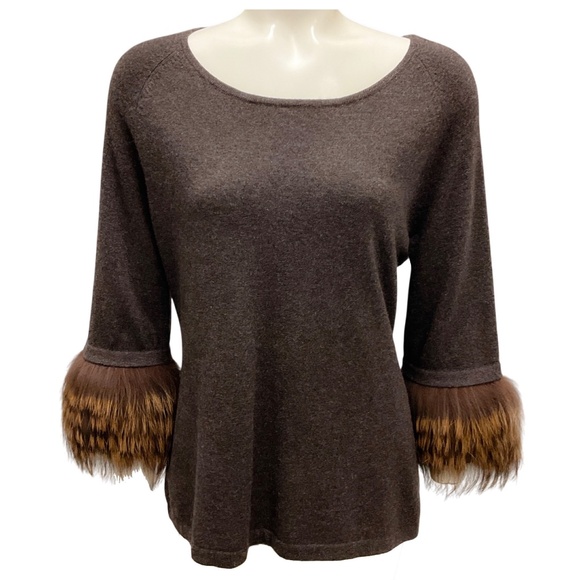 NEIMAN MARCUS CASHMERE COLLECTION BROWN FUR TRIMMED CASHMERE KNIT SWEATER - Picture 1 of 5